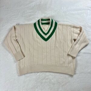 Alex Eagle Cashmere Cricket Preppy Jumper Ivory & Green V-Neck